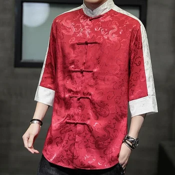 A Kínai Hagyományos Retro Kabát Plus Size Rövid Ujjú Póló Fekete Nyomtatási Sárkány Tang Öltöny Mandarin Gallér Kabát Keleti Póló