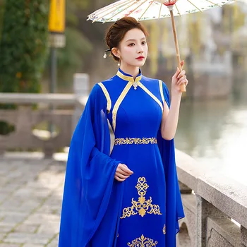Vintage Kék Qipao Elegáns Nők Magas Osztott Cheongsam Mandarin Gallér Kínai Ruha Vestidos