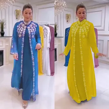 2023 Új Arab Muszlim Etnikai Köntös Maxi Ruha Afrikai Ruhák Női Egyszínű Selyem Hosszú Ujjú Forró Gyémánt Laza Vestidos