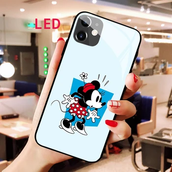 Minnie Világító Edzett Üveg telefon tok Apple iphone 13 14 Pro Max Puls Kawaii Luxus Divat RGB LED Háttérvilágítás új borító