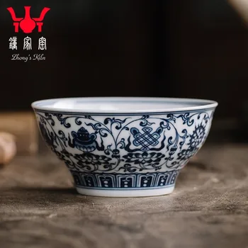 Zhongjia Kemence Kerámia teáscsésze Jingdezhen Kis pohár vízben Kézzel készített Kék-Fehér Fa, Kemencébe rakja össze Ág, Lótusz, Tea Csésze Kombucha