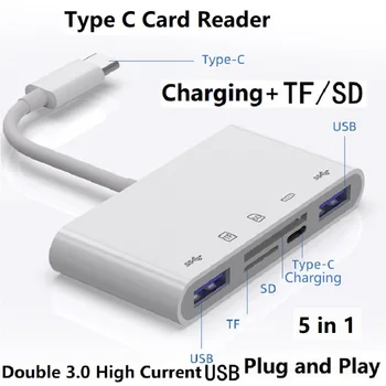 Típus-c-Micro SD/TF/SD Kártya Olvasó 5 az 1-ben USB-C Kamera Memória Kártya Adapter Töltő Port 2*USB 3.0 Női OTG Adapter