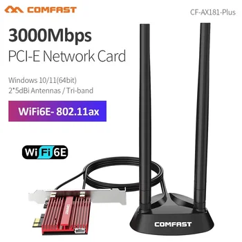 COMFAST WiFi6E 6GHz 3000Mbps PCIE Hálózati Kártya, WiFi Adapter 1,2 M Kiterjesztett Mágneses Alap 2*5dBi Antenna A Win 10/11