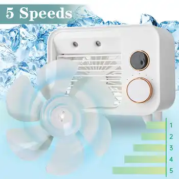 Hordozható 5 Sebesség Mini légkondícionáló Levegő Hűvösebb fröccsenő Víz Hűtő Ventilátor, Párásító LED Asztal Személyes AC Ventilátor Iroda