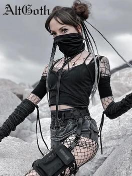AltGoth Cyberpunk Gótikus, Sötét póló Nők Harajuku Grunge Üreges Ki Lace-up Rövid Ujjú Termés Tee Maximum a Maszk Hüvely