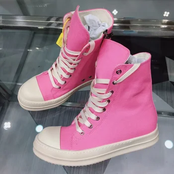 Férfi Vászon Cipő Luxus Platform Csizma Csipke Alkalmi Cipők Nők Magasság Növelése Zip Magas szárú Lakások Rózsaszín Cipő