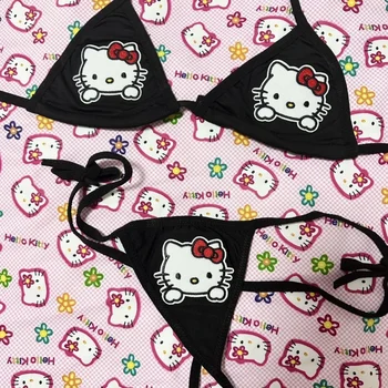 Sanrio Hello Kitty Pink Szexi Bikini Nyári, Fürdőruhás Nők Push-up Párnázott Melltartó, Tanga, Két Darab Strand Ruha Női Fürdőruha