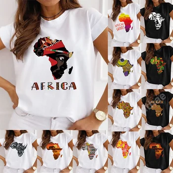 Új Afrikai Vicces Női Ruha Alkalmi, Rövid Ujjú Tshirt-Póló O-nyak, Laza Nyári Fehér Póló Felső Nyomtatás Camisetas De Mujer
