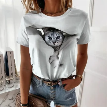 Nyári Plus Size Női póló, Alkalmi Harajuku Ruházat, Divat póló Női Rövid Ujjú Felső Macska Nyomtatás Fekete póló