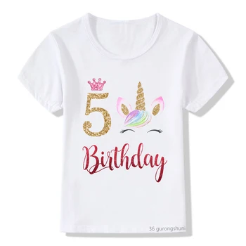 Unikornis Korona Nyomtatás Gyermek póló 5 6 7 8 9 Születésnapi Ajándék Lányoknak Póló Nyári Felsők Gyerek Ruha Grafikus póló