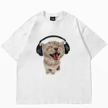 Felső, Női Pamut póló Aranyos Macska Nyomtatott Rövid Ujjú póló Női Harajuku Divat Pár Laza Street Style Y2K Ruházat