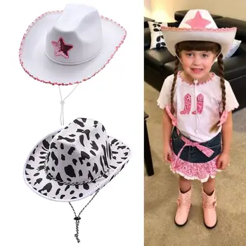 A Nők, Lányok Nyakát Felhívni A String Játék Dress-Up Állítható Cowboy Kalap Rózsaszín Csillag Tehén Lány Sapka Fehér Lovagló Kalap