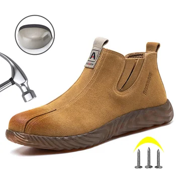 Könnyű Acél Toe Biztonsági Cipő Férfi Anti-smash Munka Csizma Elpusztíthatatlan Ipari Hegesztés Cipő Tehén Bőr Védelmi Cipő